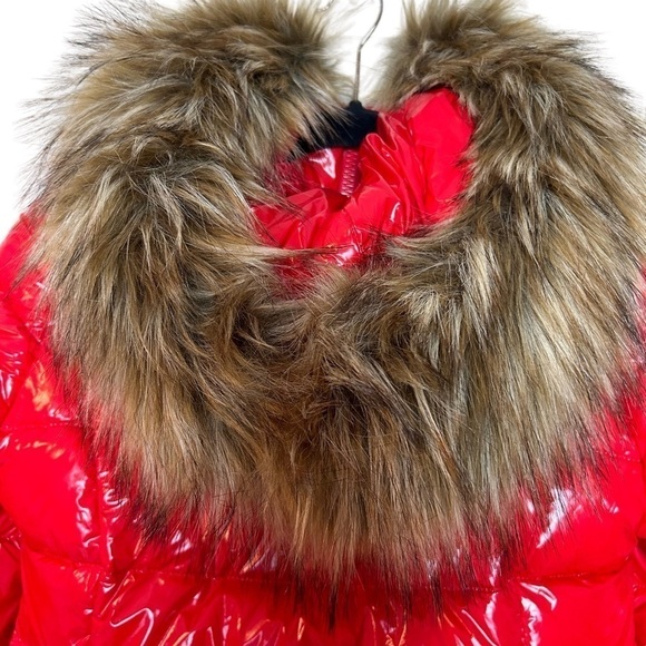 ZIAI Wet Look Red Puffer Hooded Jacket  w/ Detachable Faux Fur Trim - Picture 8 of 16